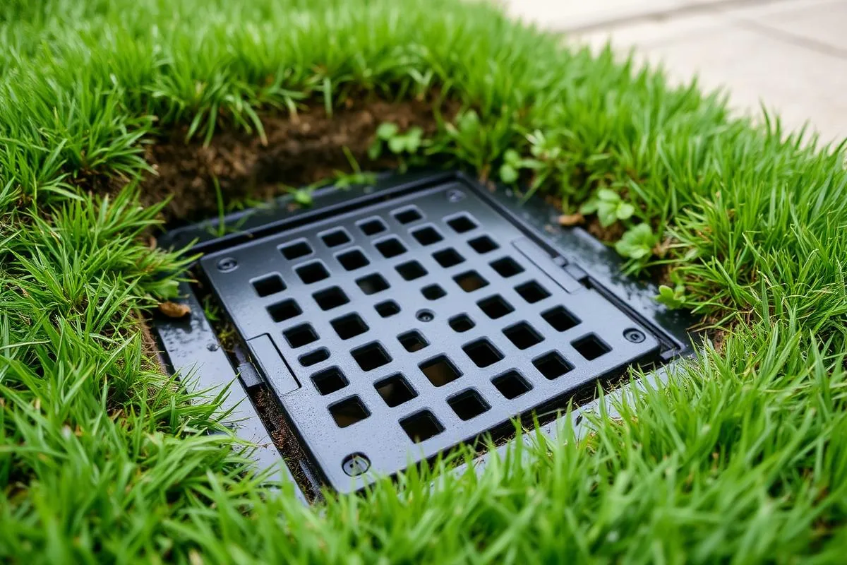 Square catch basin grate set flush in a green lawn to collect surface water